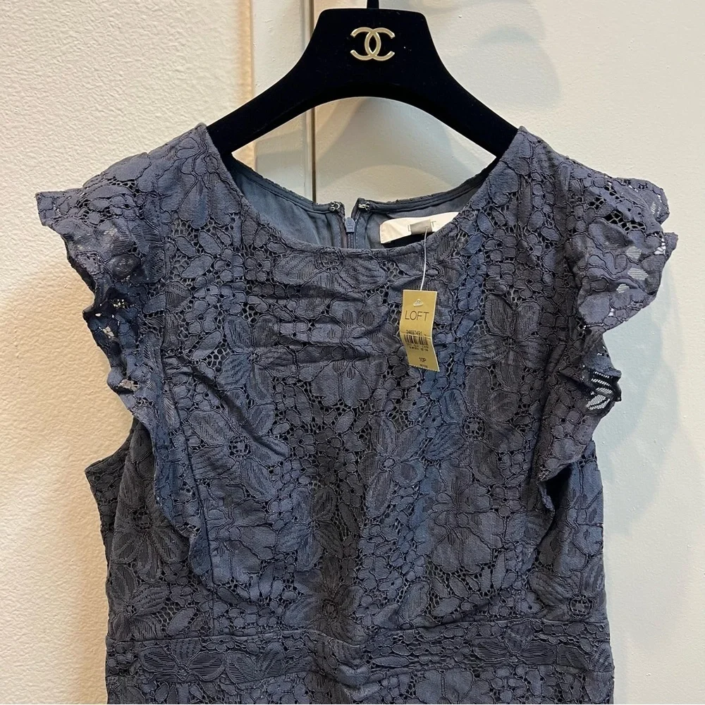 NWT Loft Navy Blue Floral Lace Ruffle Mini Flutter Sleeve Cocktail Dress 10P - Picture 4 of 15